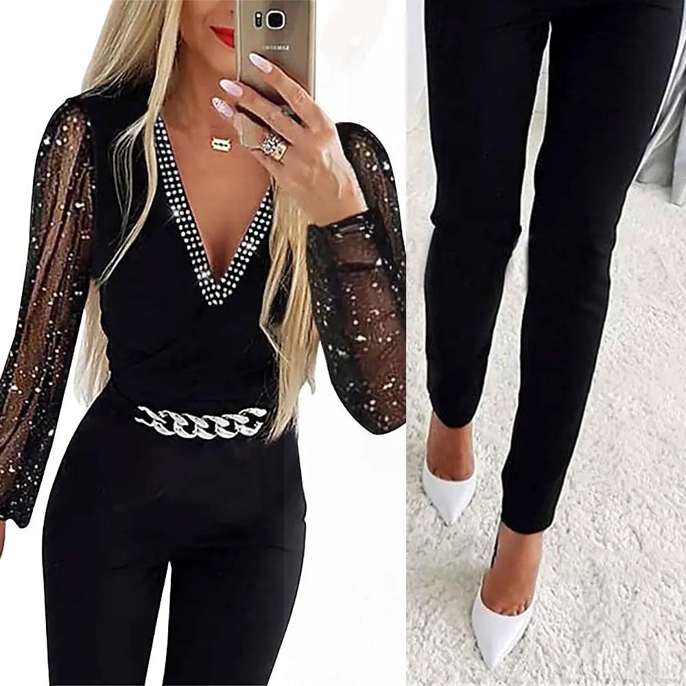 Simples Market black jumpsuit for women with V-neck, sheer glitter sleeves, high-waist slim-fit