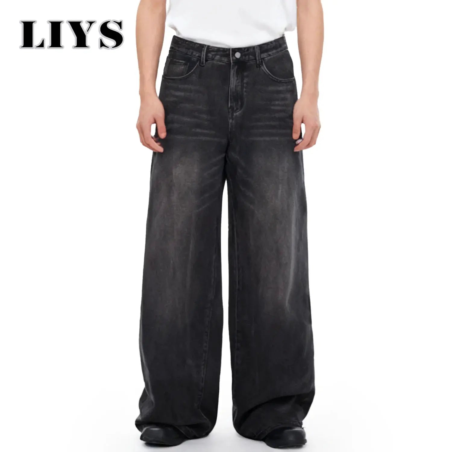 Men's wide-leg black denim jeans, loose baggy fit, dark washed; LIYS logo visible.