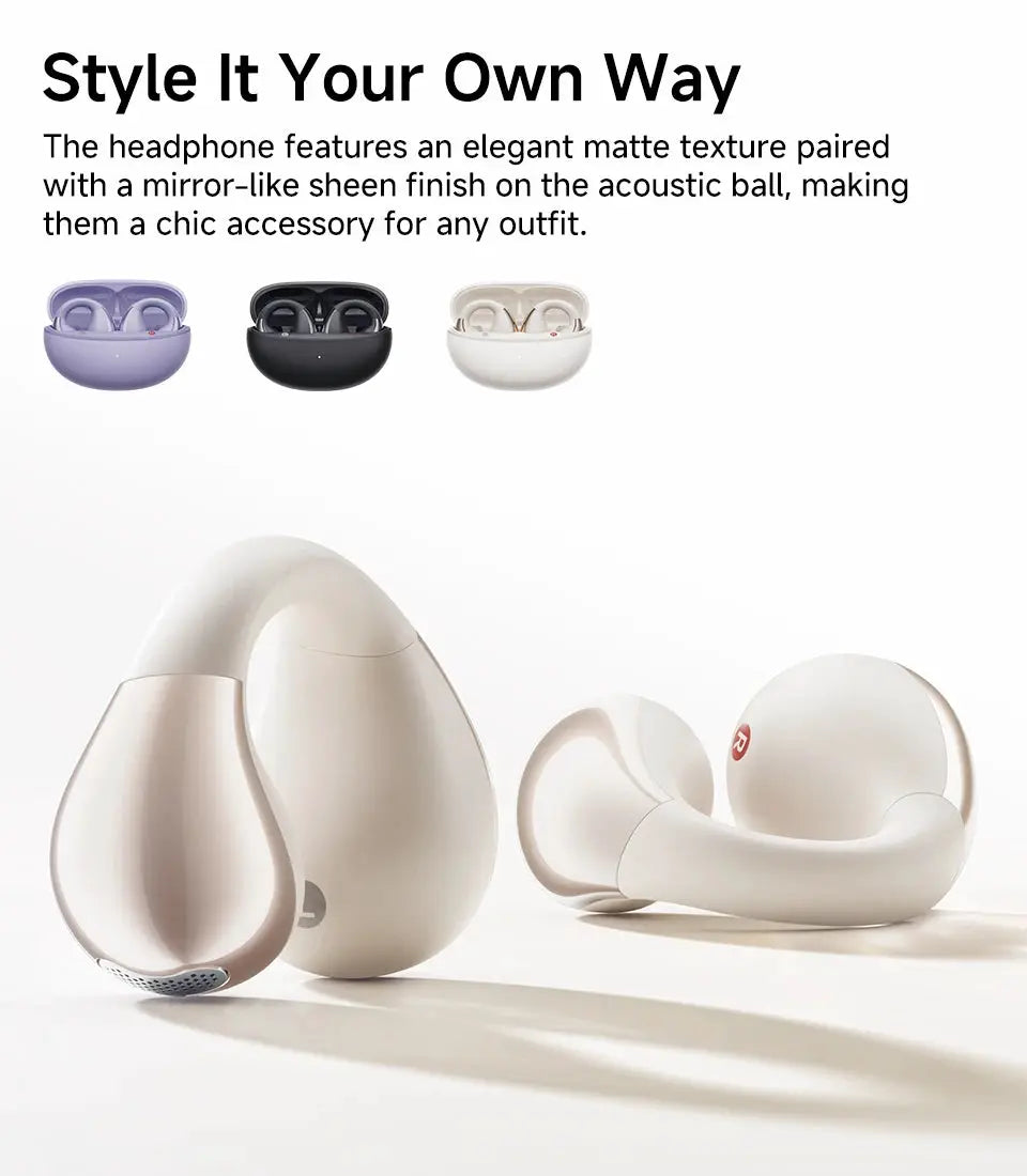 QCY Crossky C30 open-ear wireless earphones; cream-white main pair with purple, black, and white variants (4 items)