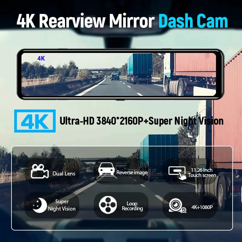 E-ACE 4K WIFI dashcam rearview mirror, Simples Market, 12-inch touchscreen, dual-lens