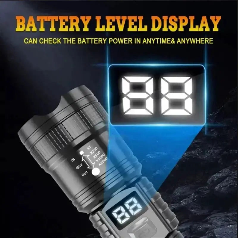 Simples Market rechargeable tactical LED flashlight with digital battery level display; black, waterproof.