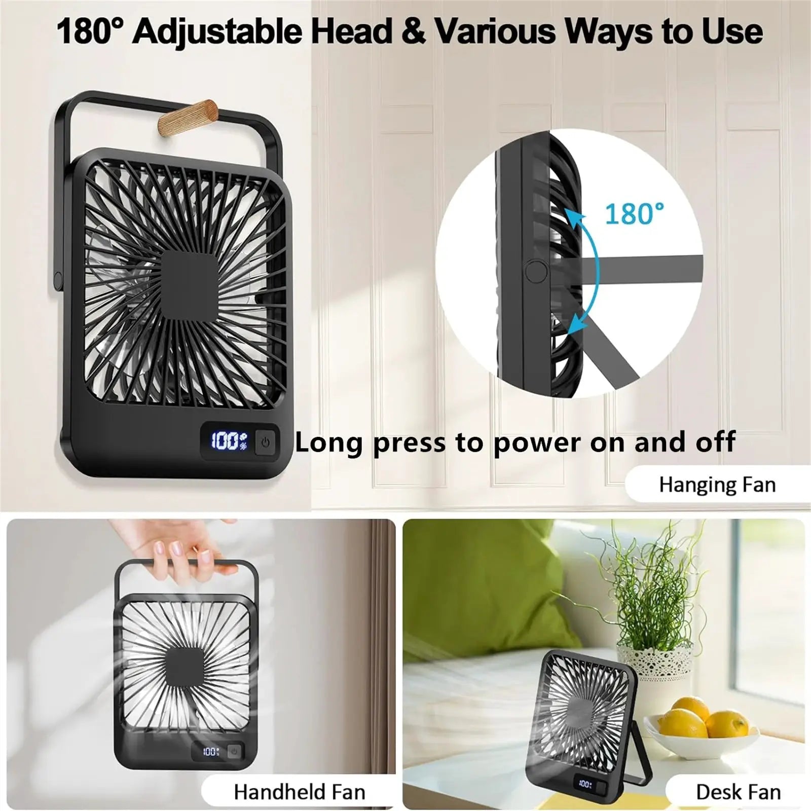 Portable USB Desk Fan With 180 Degree Tilt Folding And Power Display