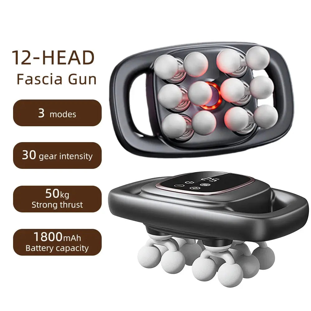 12-head fascia gun handheld massager with digital control, 3 modes, black/gray