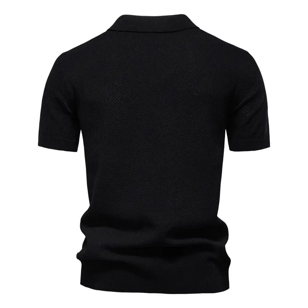 Simples Market men's black breathable collared golf polo shirt with short sleeves, back view.