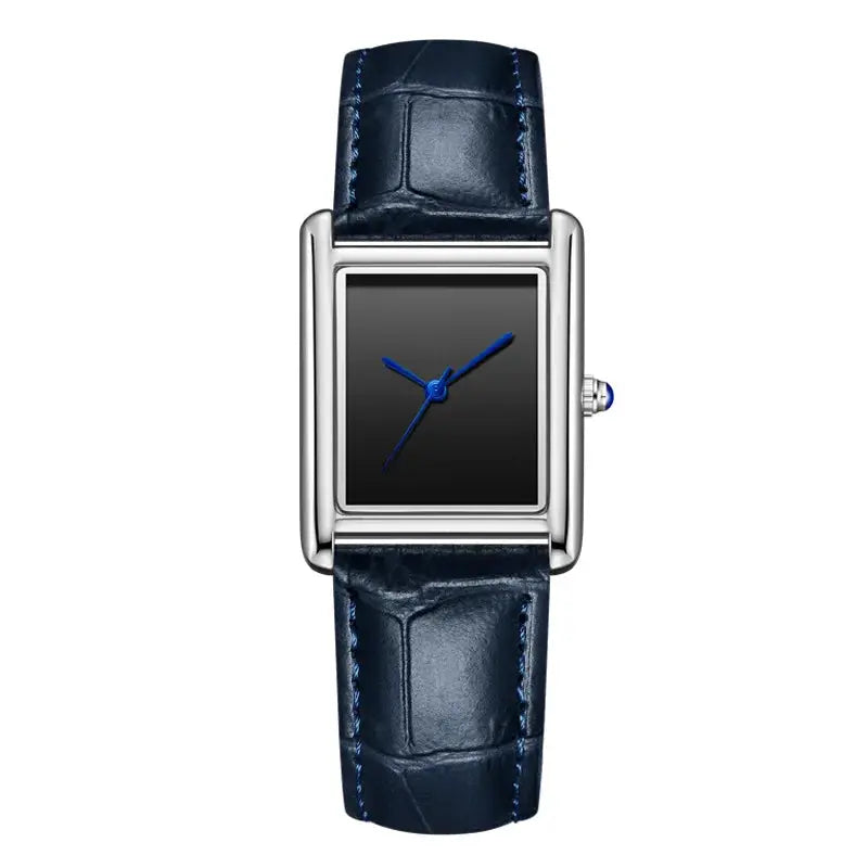 Rectangular watch by Simples Market with blue leather strap and blue hands