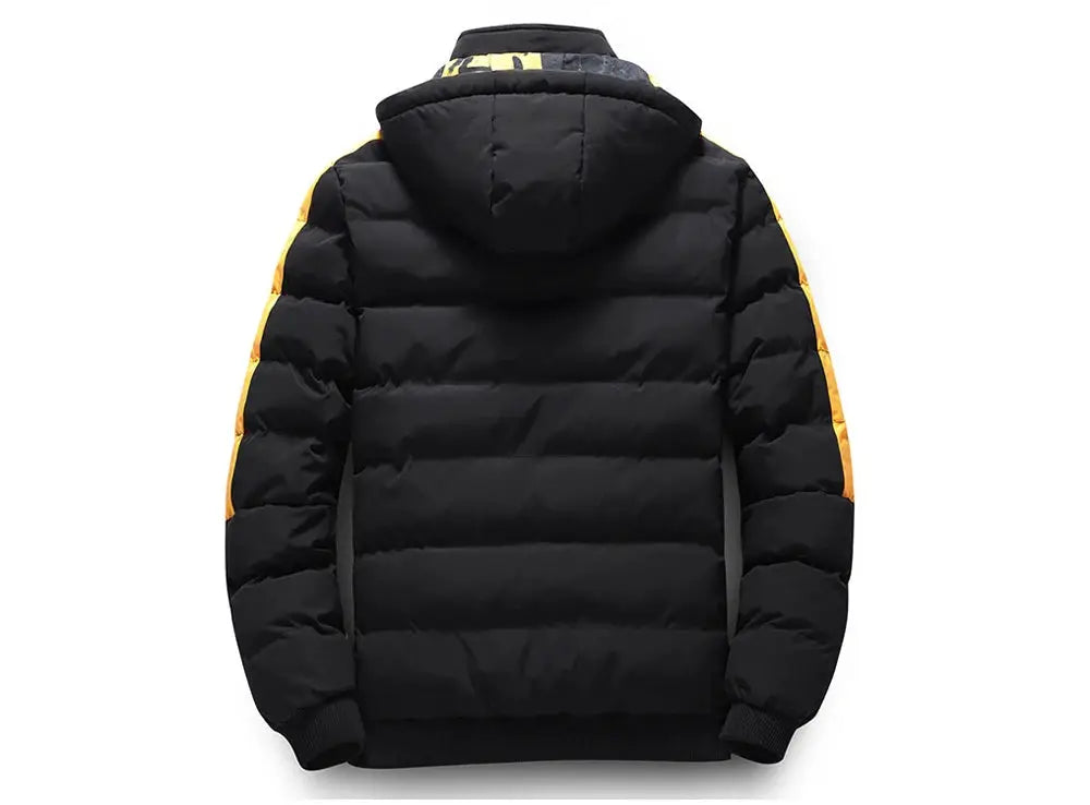DIMUSI men's hooded puffer jacket, black with yellow striped sleeves, down-filled winter outerwear.