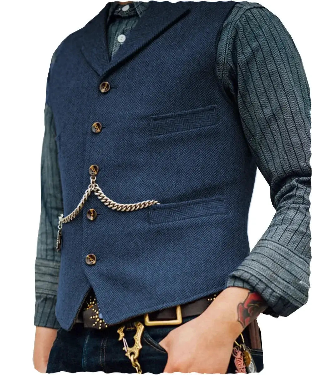 Navy blue wool tweed men's waistcoat with brown buttons