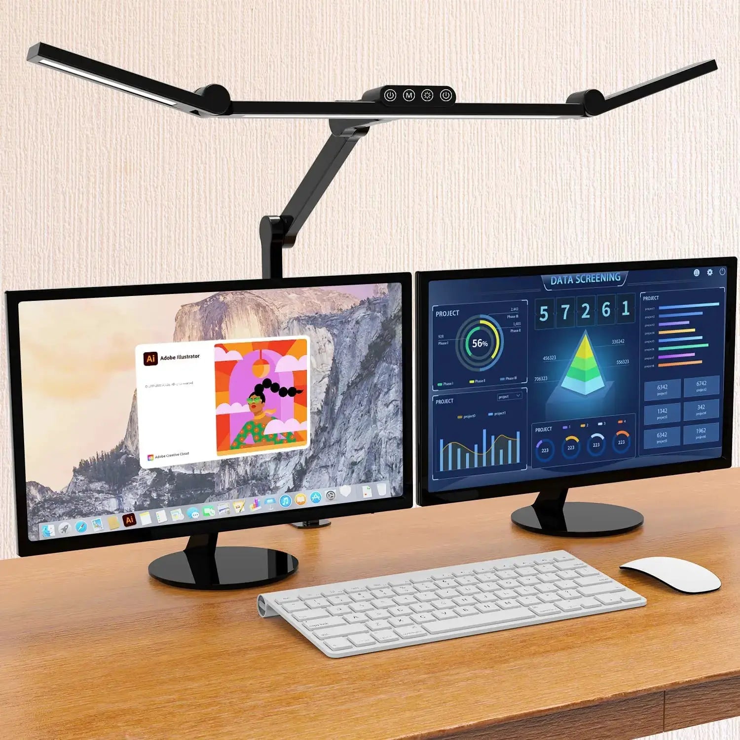Led Desk Lamp with Clamp by Simples Market, black, adjustable arm with control panel over dual monitors