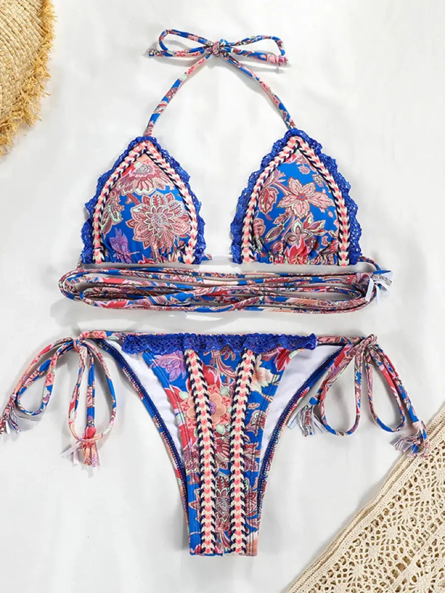 Simples Market blue floral bikini set with crochet trim, halter top and tie-side bottoms, two-piece swimsuit