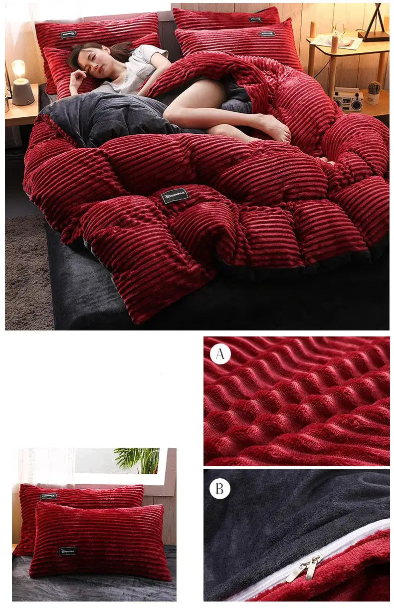 Simples Market 3pc red coral fleece duvet cover set with pillowcases for winter warmth on bed