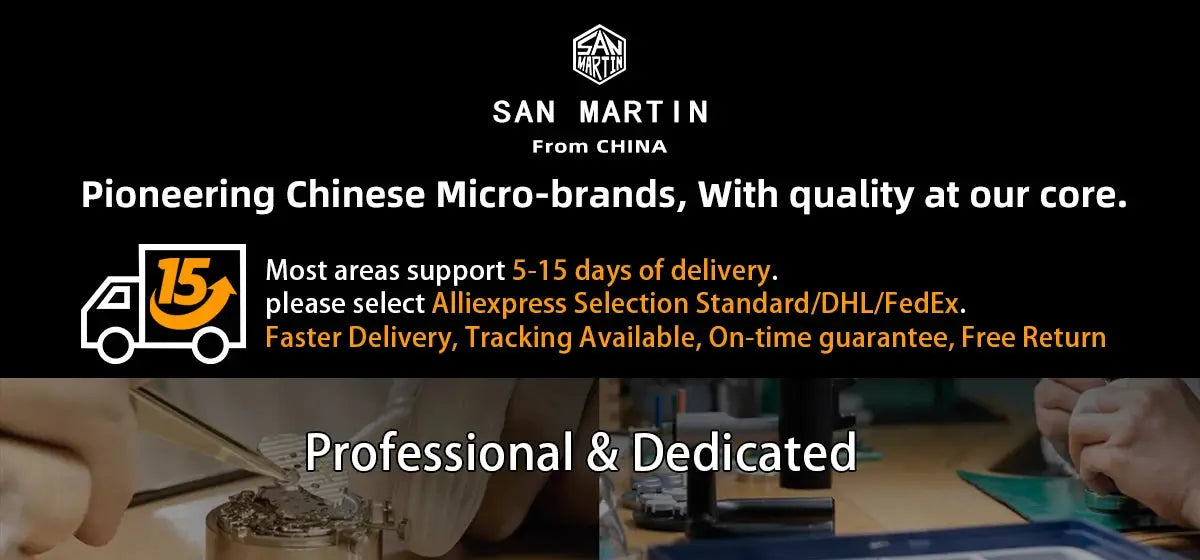 San Martin watch banner; black background with logo and professional watchmaking scene for Simples Market