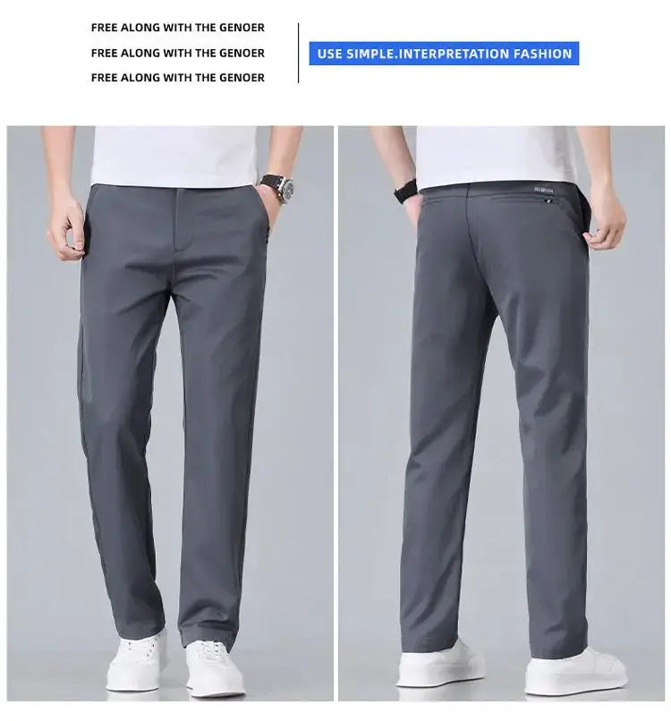 Simples Market men's stretch-cotton slim-fit casual trousers in dark gray, front and back views