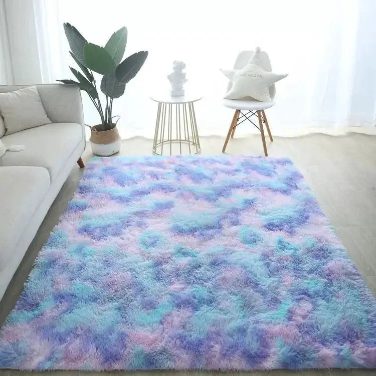 Simples Market Premium fluffy area rug in pastel lavender, blue, and teal; soft shaggy indoor living room carpet.