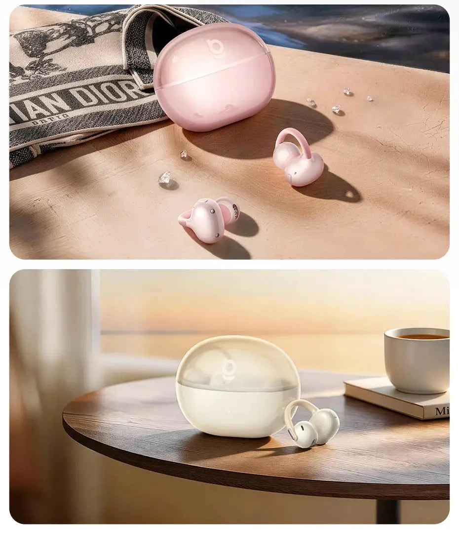 Baseus Bowie MC2 AIR clip-on TWS earbuds with pink and white charging cases