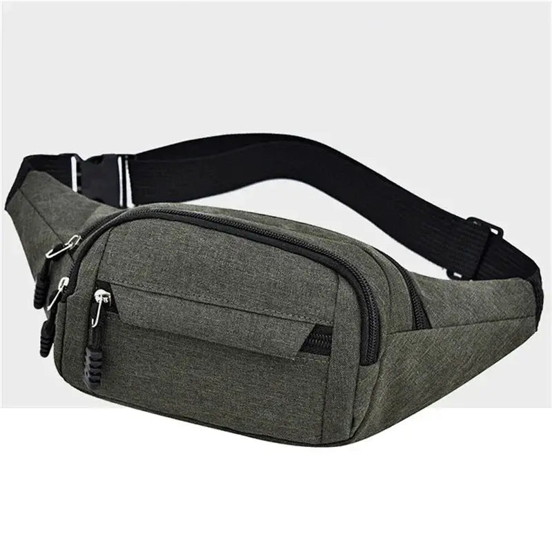 Waist bag by Simples Market, olive green fabric with multiple zip pockets and adjustable strap