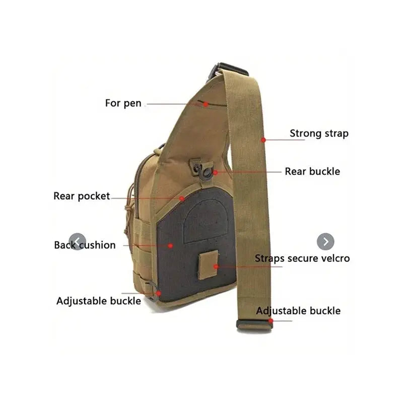 Chest bag tactical sling bag in tan with black back panel and adjustable strap by Simples Market