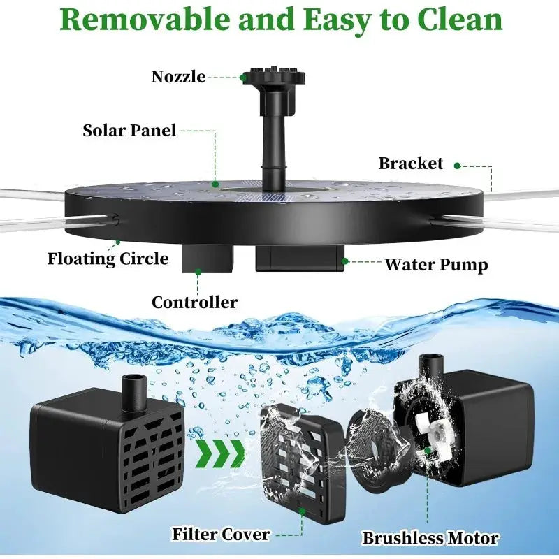 Outdoor solar fountain pump kit by Simples Market with 6 nozzles for garden pond decoration, black brushless motor