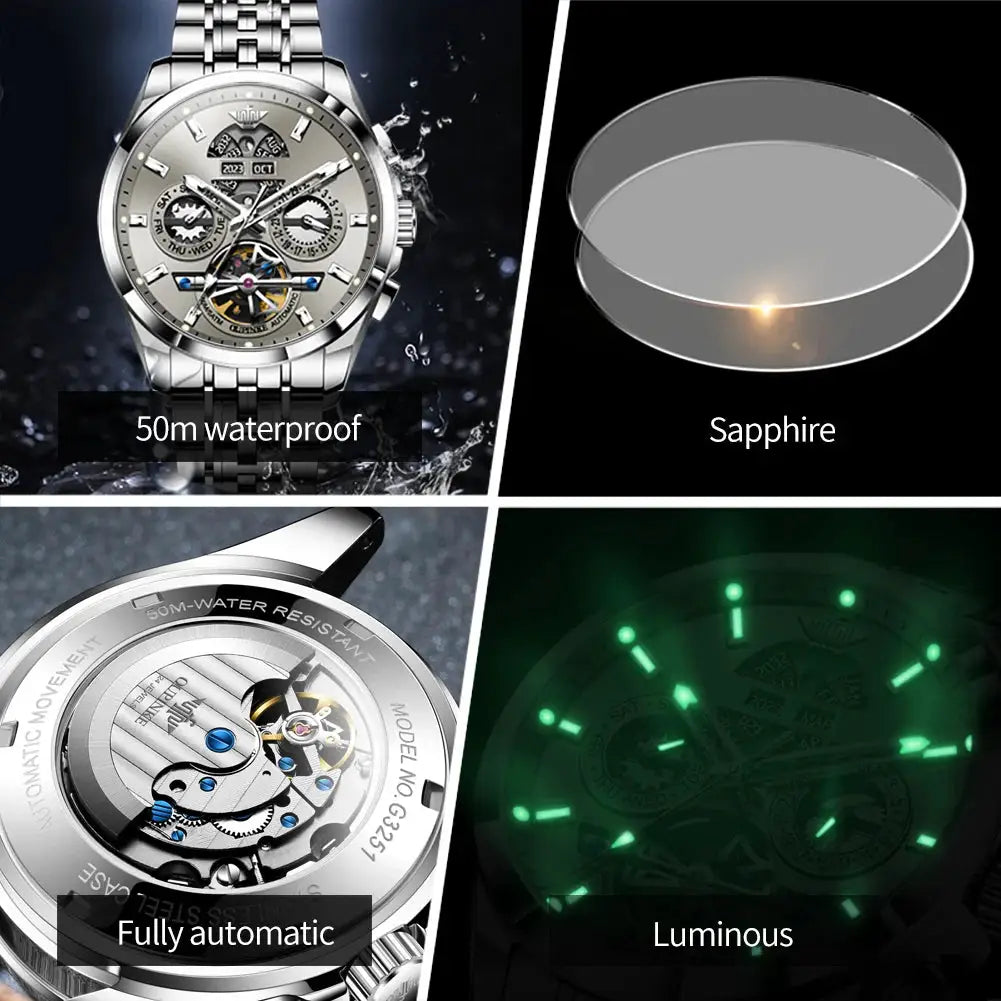 OUPINKE 3251 men's auto-date skeleton watch with sapphire glass, 50m waterproof, luminous dial