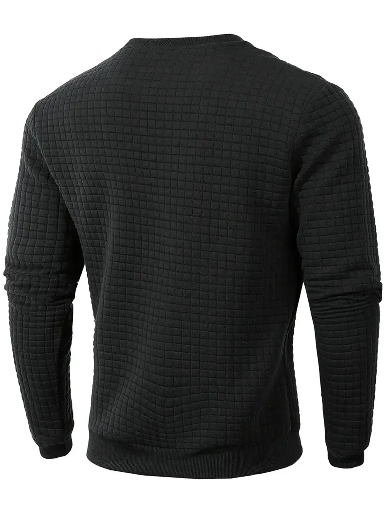 Men's black quilted crew-neck pullover sweater with square knit pattern, long sleeves