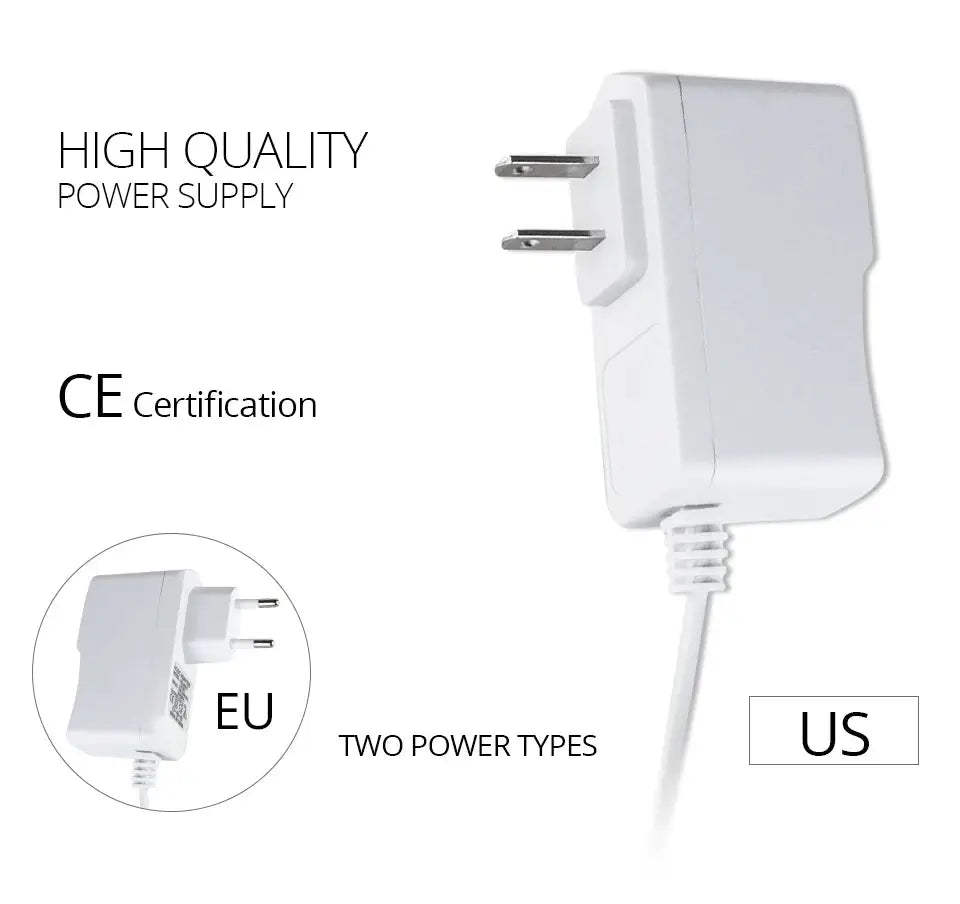 White power adapter with dual EU/US plugs for LED strip lights; CE certified
