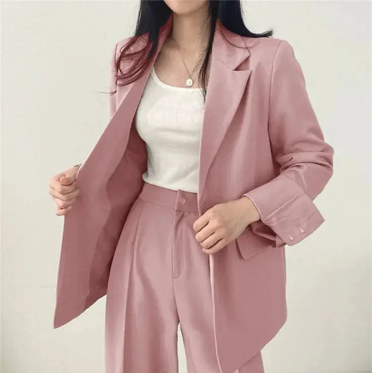 Pink women's blazer and pants 2-piece set by Simples Market, casual fall outerwear