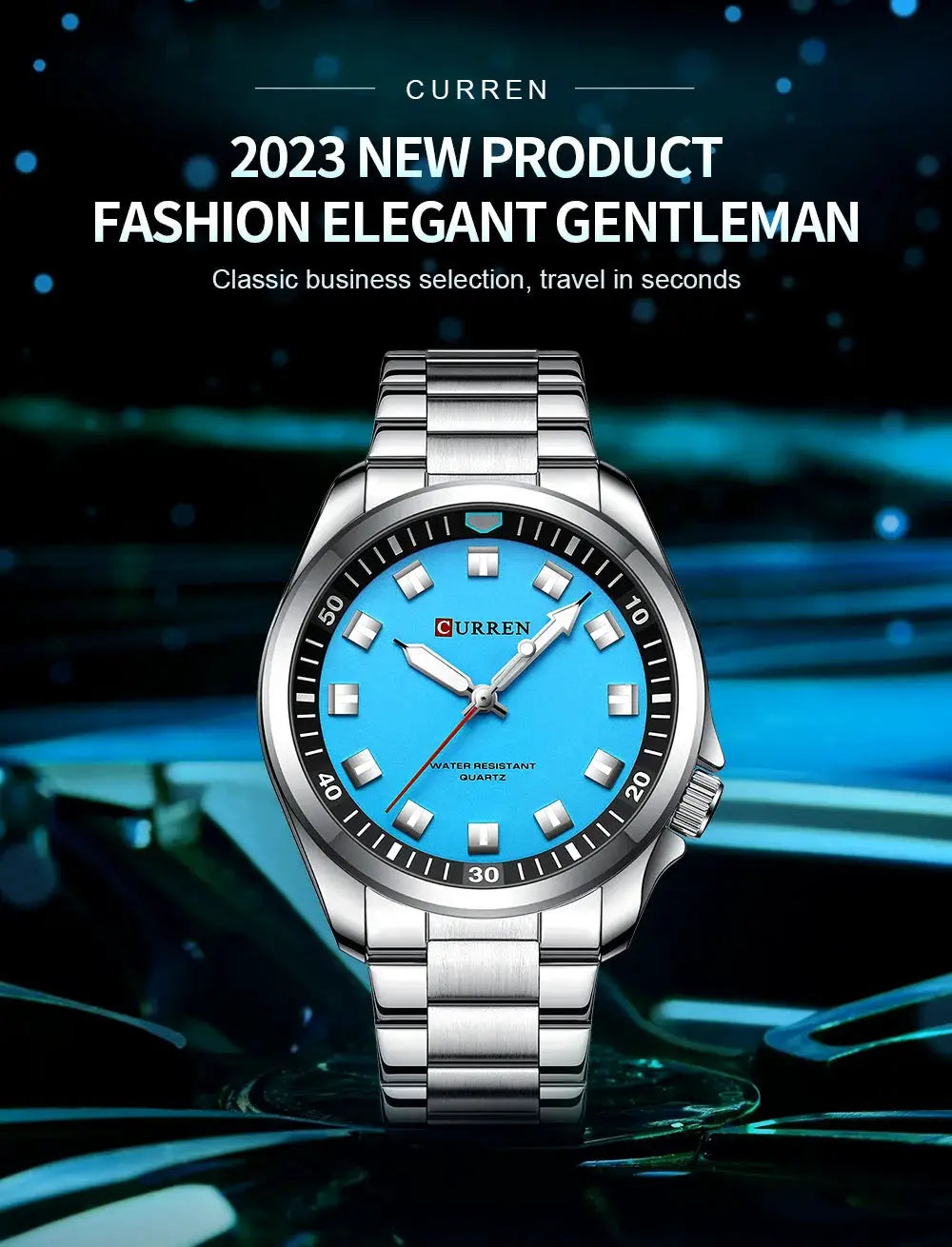 Curren 8451 stainless steel wristwatch with blue dial and silver bracelet