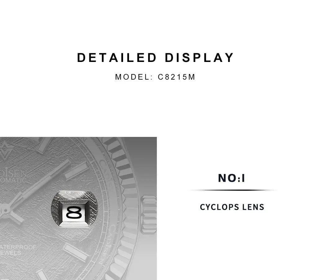 CADISEN DD40 men's automatic wristwatch; silver dial, cyclops date window, AR sapphire glass
