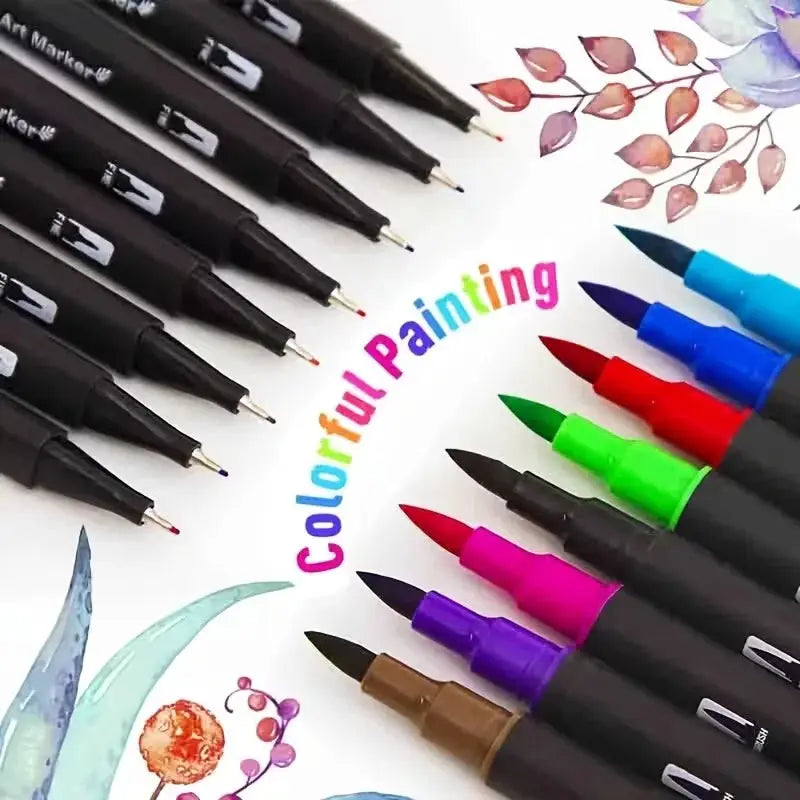Vibrant double-ended watercolor marker set; durable plastic bodies with colorful caps from Simples Market