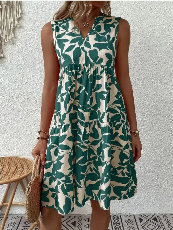 Women Boho Print Mini Dress Sleeveless V Neck Ruffle Beach Sundress