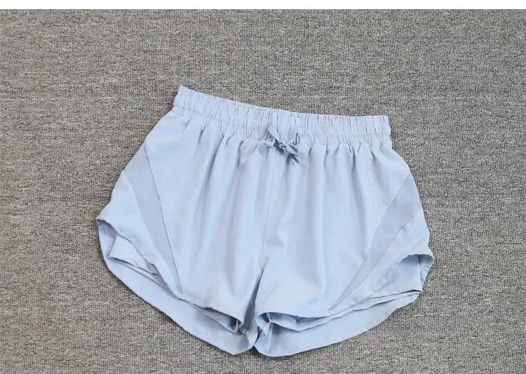 Women's running shorts, light blue breathable quick-dry fabric with elastic waistband and drawstring