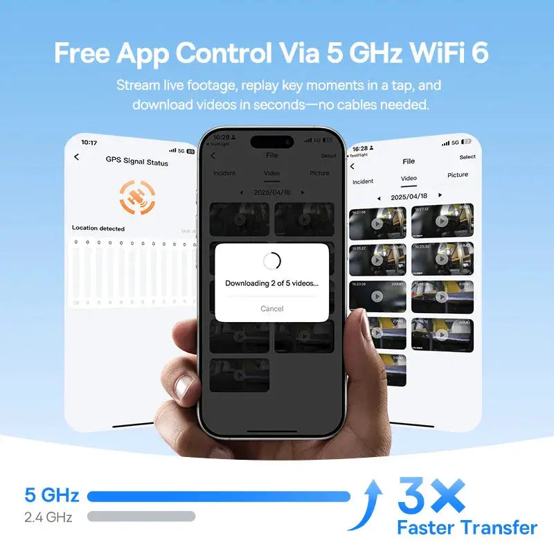 Baseus 4K Dash Cam VD1 Pro front/rear UHD car camera with WiFi6 app control (3 phones shown)