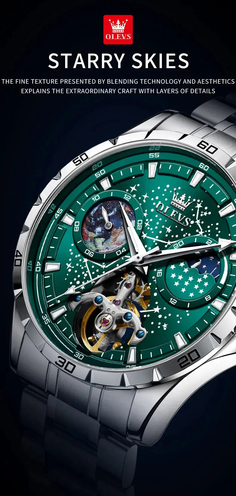 OLEVS flywheel skeleton automatic watch for men; green starry-sky dial with visible movement, stainless steel bracelet