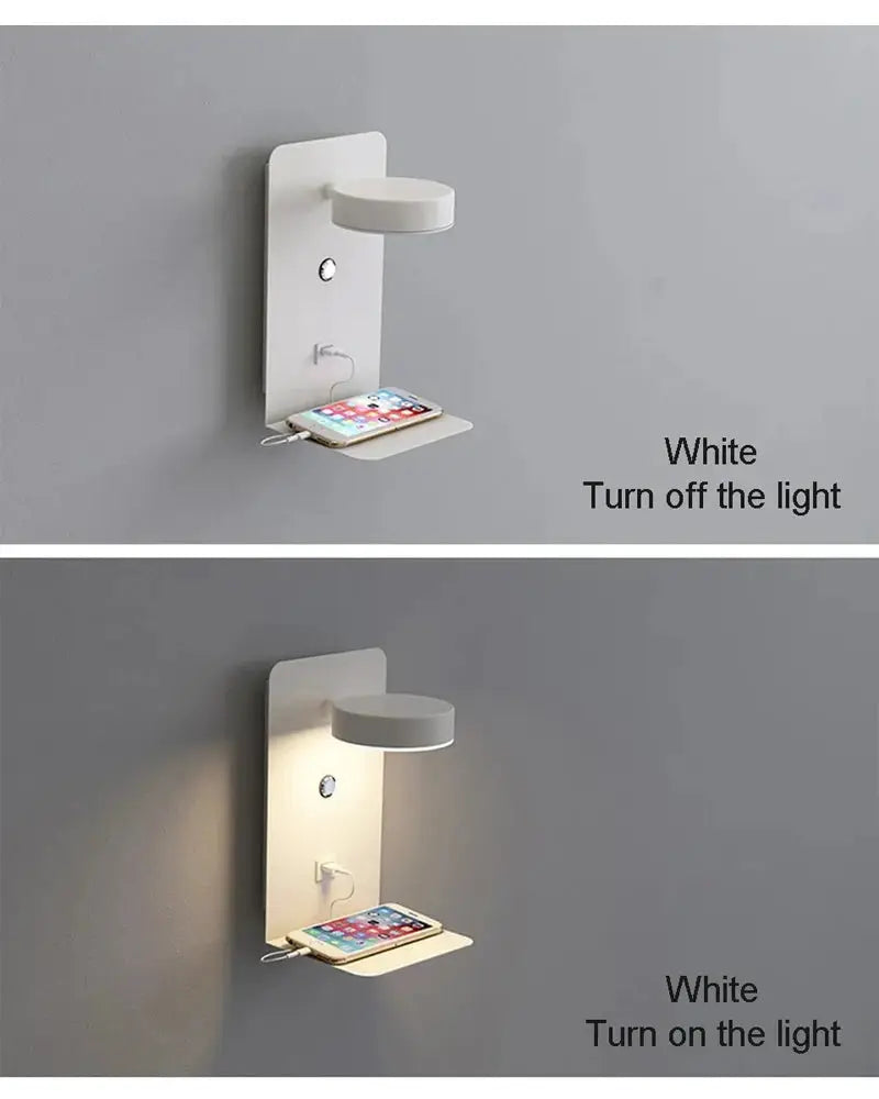 Bedroom LED wall lamp with USB charger and built-in shelf, white Simples Market wall sconce