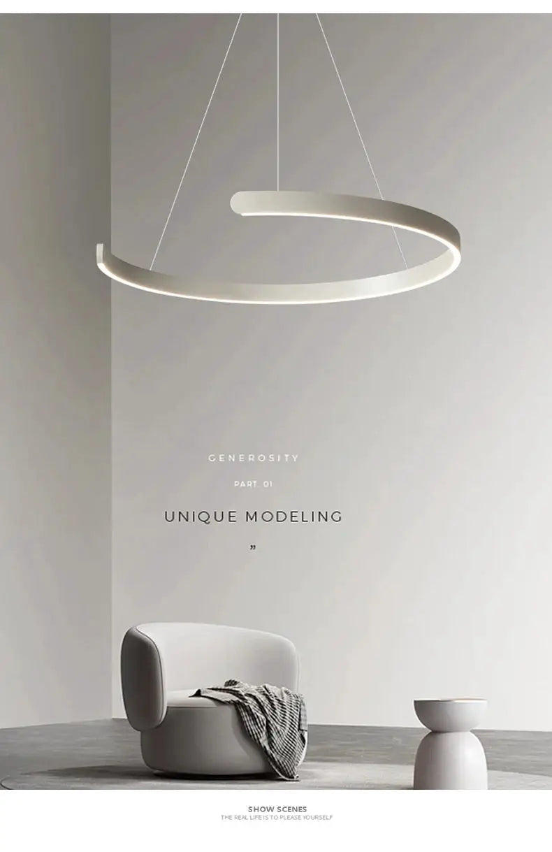 Modern ring ceiling chandelier, white LED pendant lamp suspended from cables, contemporary minimalist design