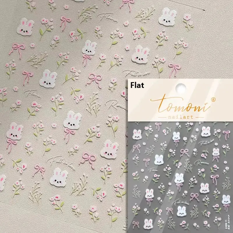 Tomoni nailart sheet with pink peach jelly 5D bunny and floral self-adhesive decals for manicure