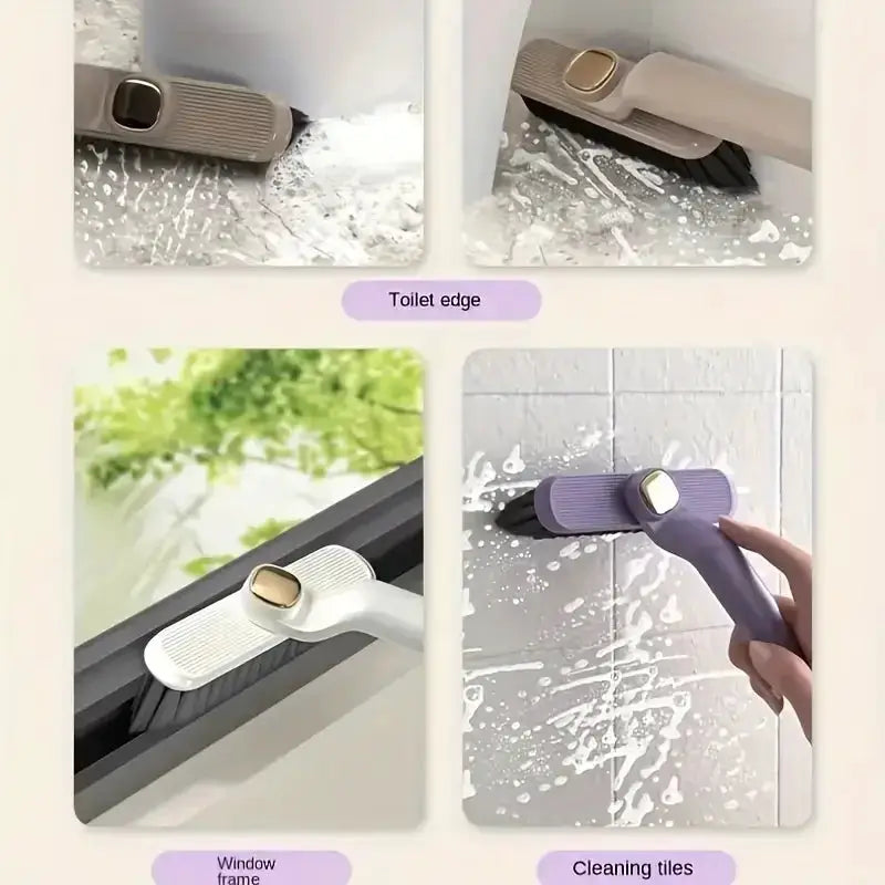 4-in-1 rotating scrubber with clip scraper; purple head for bathroom tiles and window frames