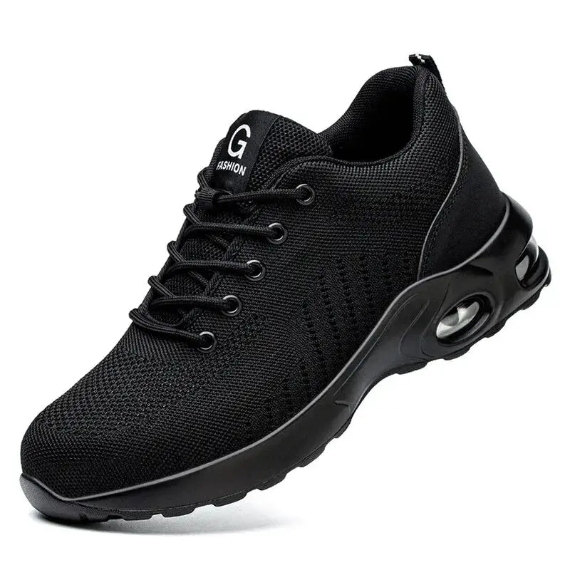 Black air-cushion work safety sneaker with breathable mesh upper