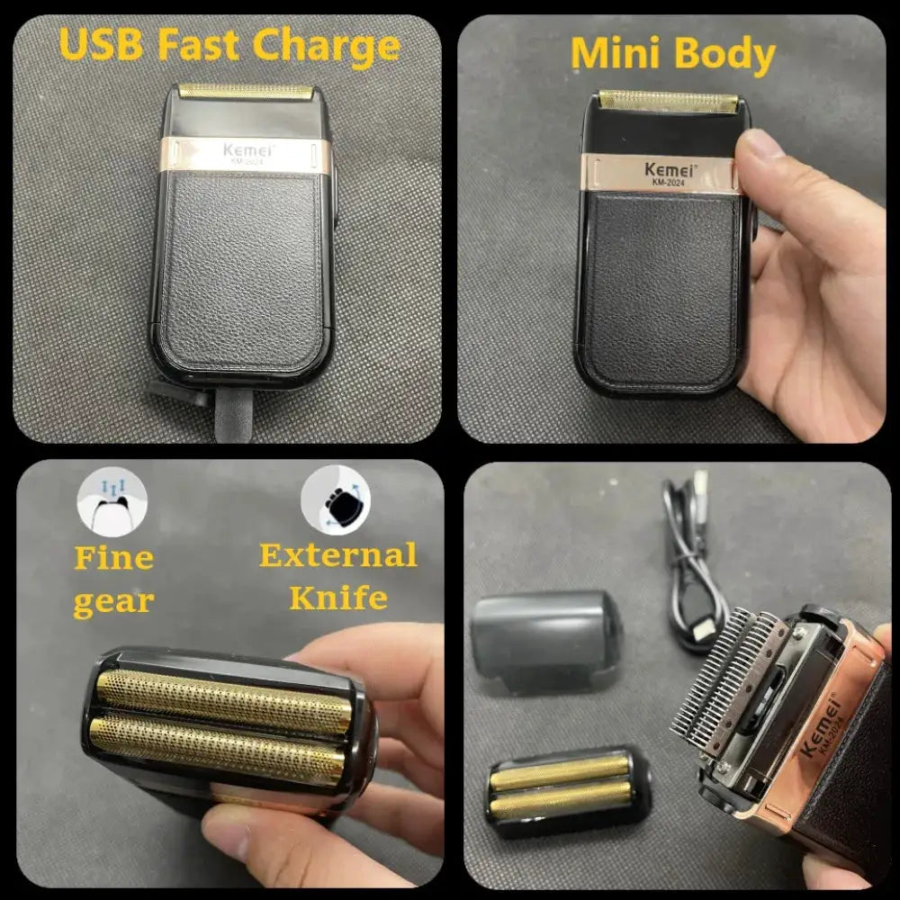 Kemei KM-2024 cordless electric hair trimmer for men; compact mini body with USB fast charge and replaceable blade.
