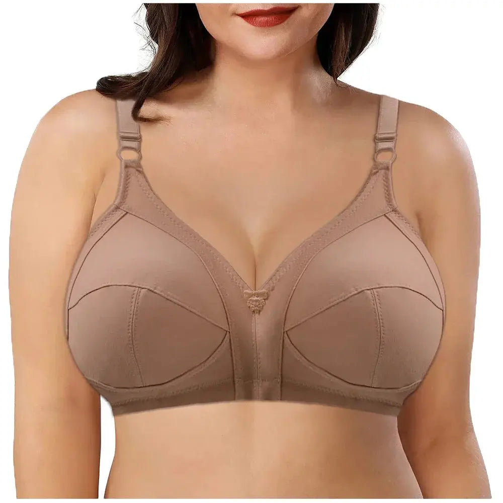 Plus-size nude full-coverage bra with adjustable straps and center-front bow