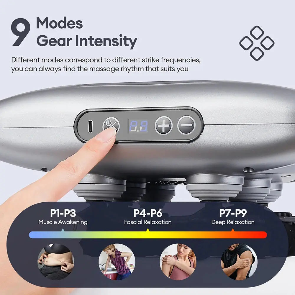 30-heads body massage gun in gray with digital display and 9-mode intensity for full-body muscle relief