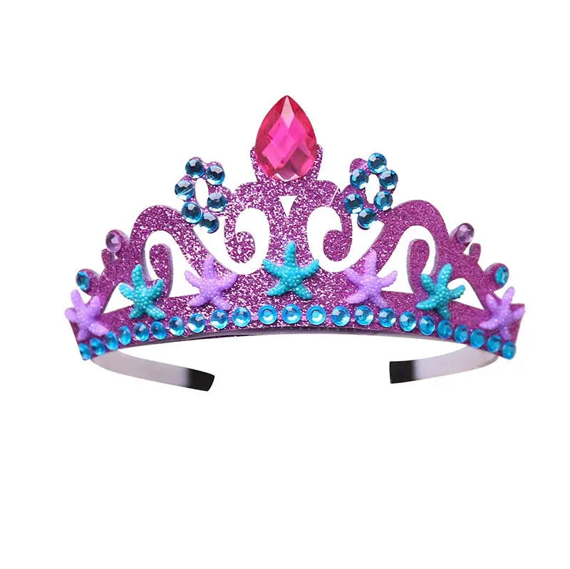 Simples Market Frozen Elsa princess crown headband with purple glitter, pink gem, blue rhinestones and starfish accents