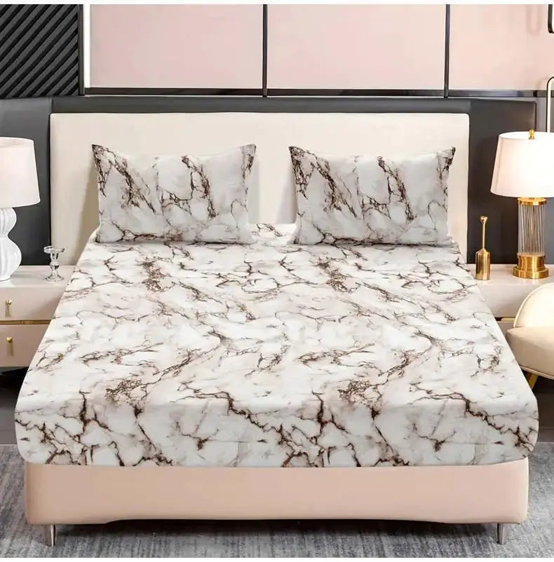 Simples Market 3-Piece Marble Print Fitted Sheet Set; white marble pattern with brown veining, microfiber.