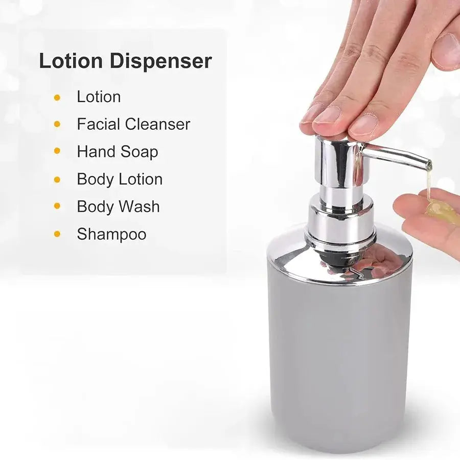Lotion Dispenser from Simples Market, gray plastic with chrome pump, 4-piece bathroom set