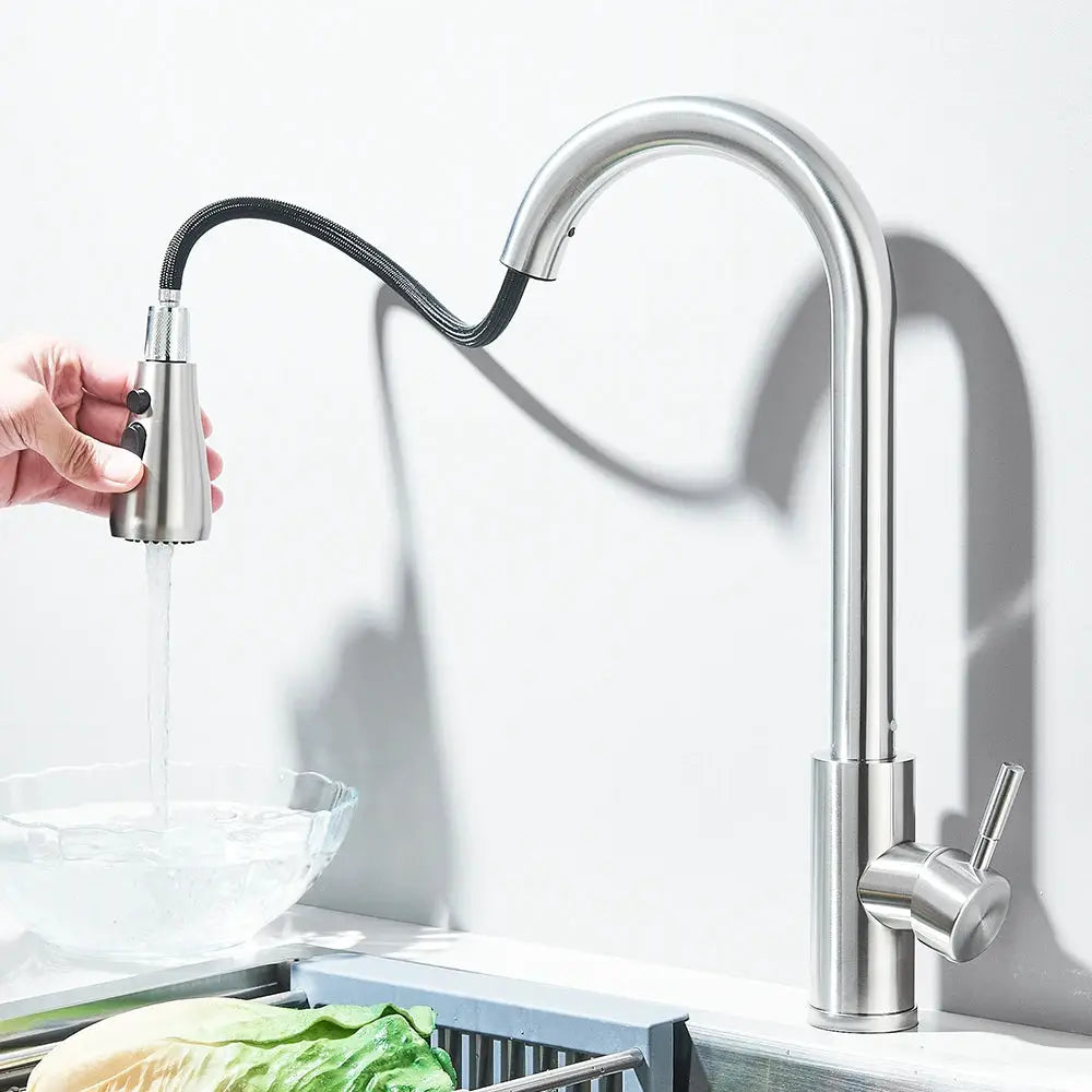 Simples Market brushed nickel stainless steel pull-out spray kitchen faucet with black braided hose and single lever