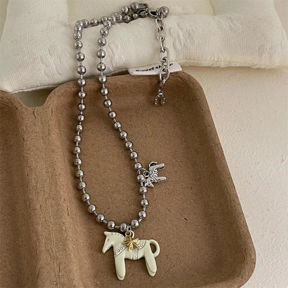 LATS Enamel Colt Horse Pendant Necklace For Women Colorful Silver Plated Alloy Beads Chain Choker