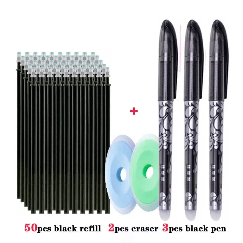 55pcs erasable gel pen set: 3 black pens with floral barrels plus 50 black refills and 2 erasers
