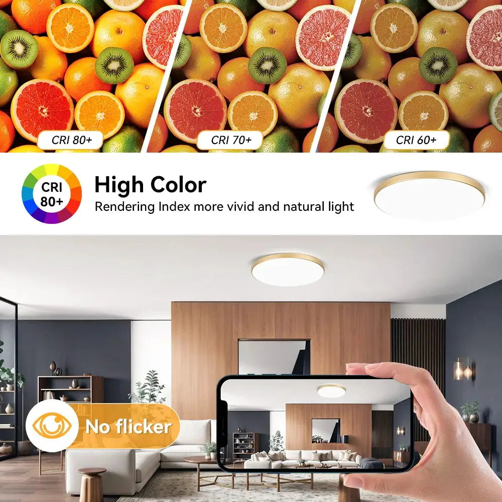 LED ceiling lamp, ultra-thin round white LED panel with a gold rim, 220V, for modern bedrooms and kitchens.