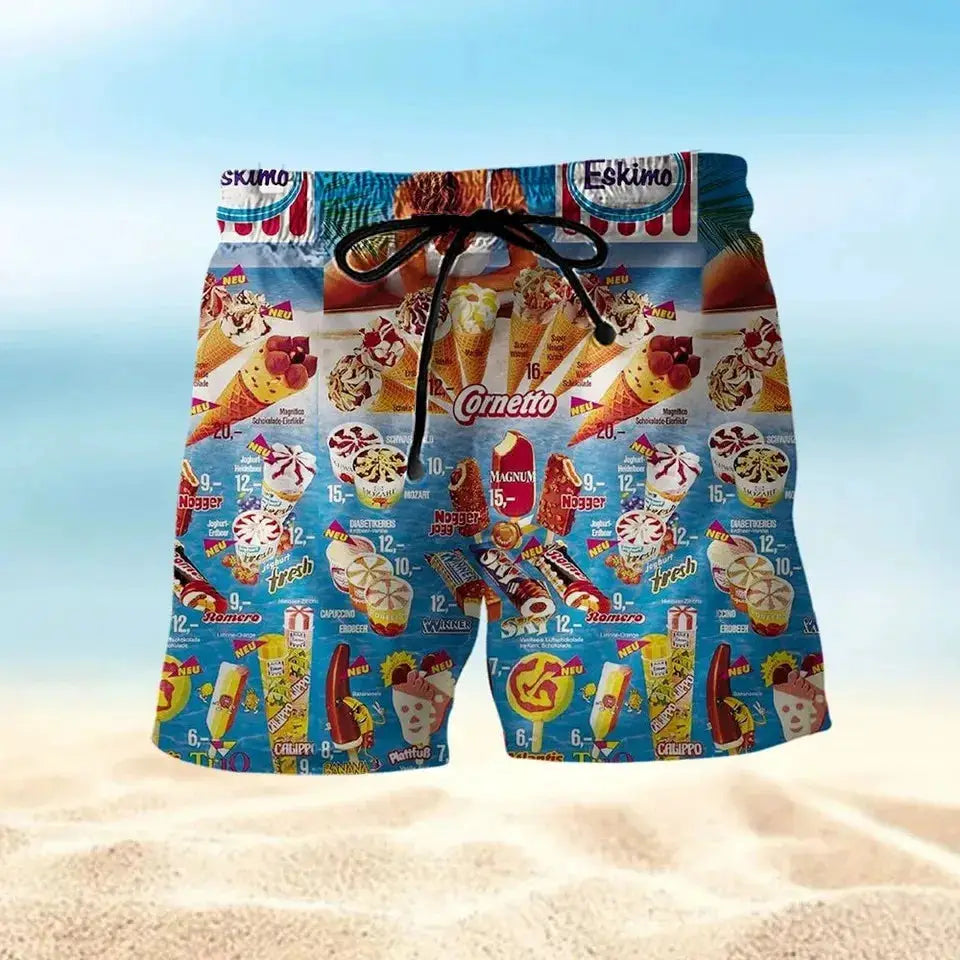 Ice cream print beach shorts with blue collage pattern and black drawstring.