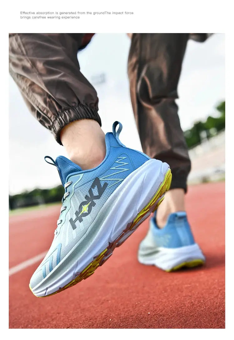 Men's blue HRX running shoe with breathable mesh upper and cushioned midsole on a track