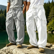Simples Market men's cotton-linen cargo pants, gray/white, multiple pockets, drawstring waist, loose straight leg (2 pairs)